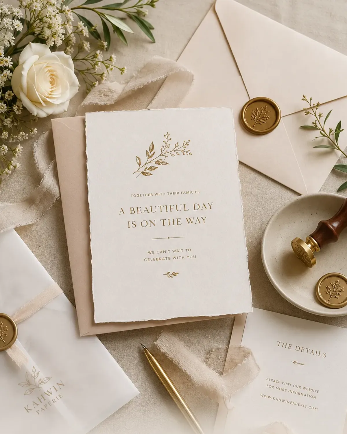 Kahwin Paperie demo wedding stationery flat-lay placeholder; final studio photography pending